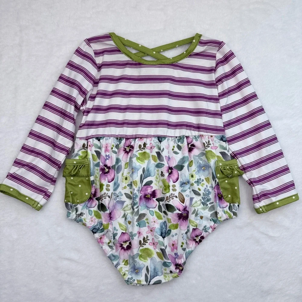 Dash of Glitter Romper Girls 18-24M Purple Green Floral Stripe Ruffle Boho
